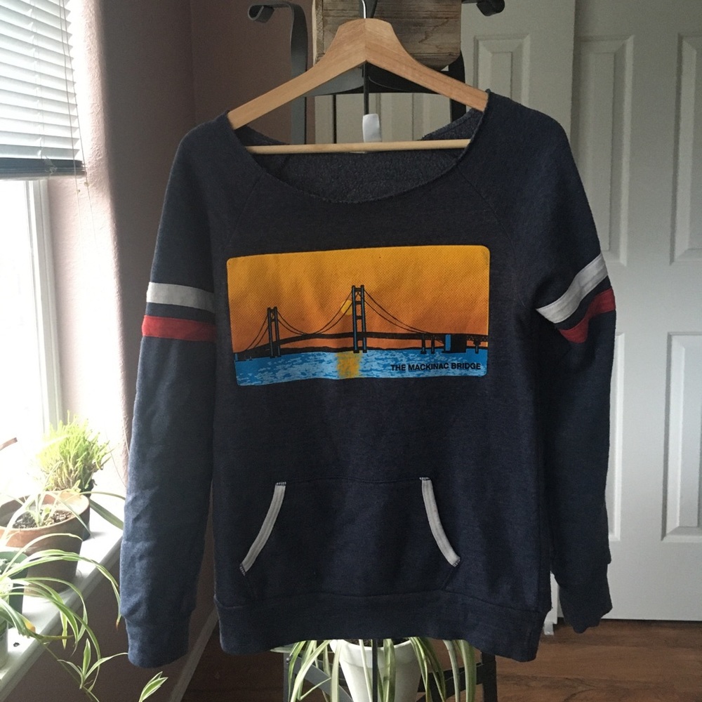 Scoop neck sweater with sunset mackinaw bridge